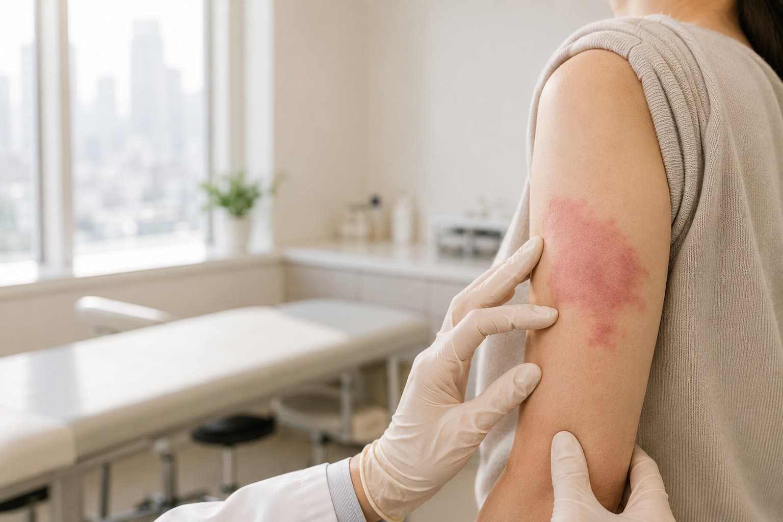 Clinical examination of an irregular skin rash associated with Lyme disease