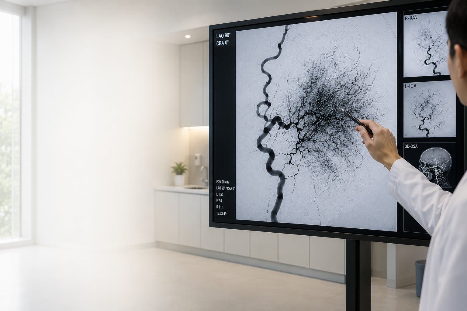 Cerebral angiography monitor showing abnormal collateral vessel network during specialist assessment